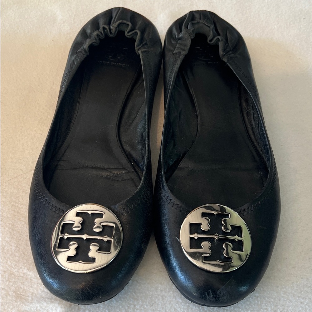 Tory Burch Black Leather Reva Ballet Flats with Silver Logo